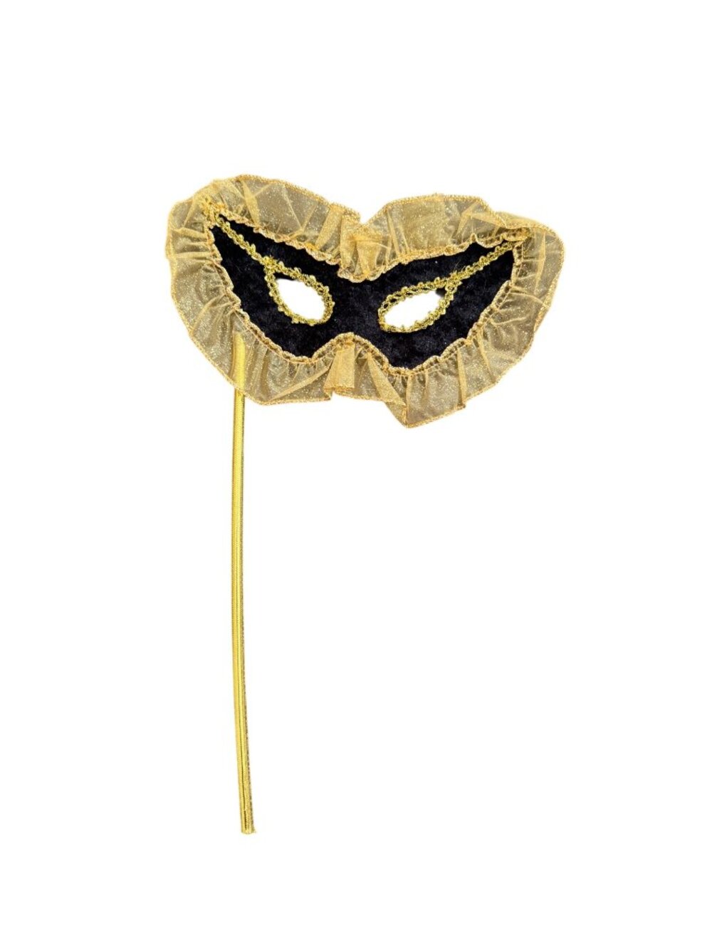 Gold & Black Handheld Masquerade Mask With Ruffled Trim